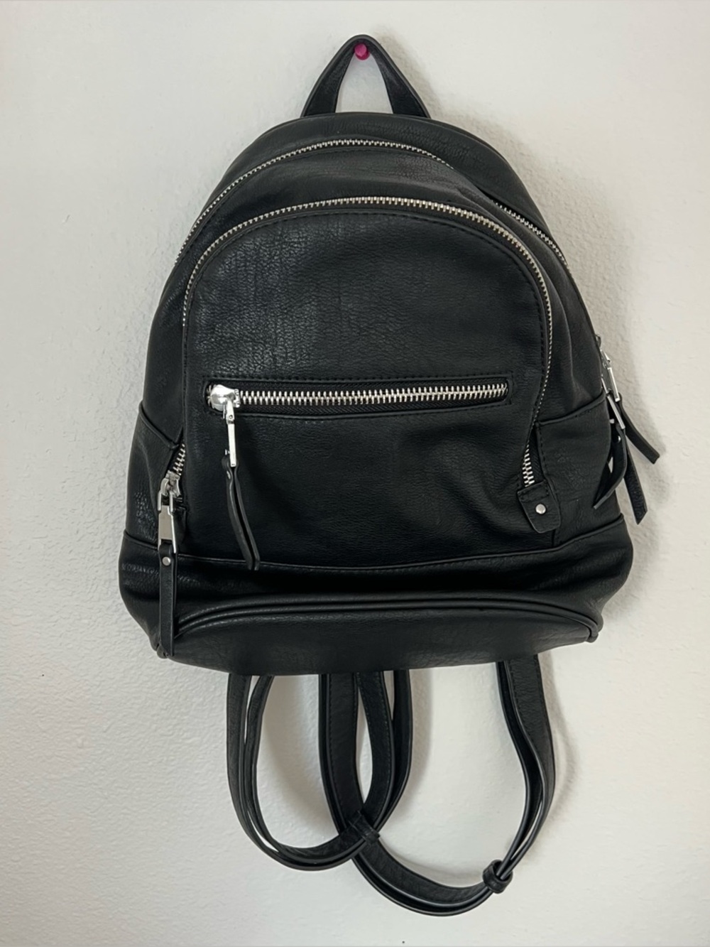 Black Leather Backpack with Silver Zippers